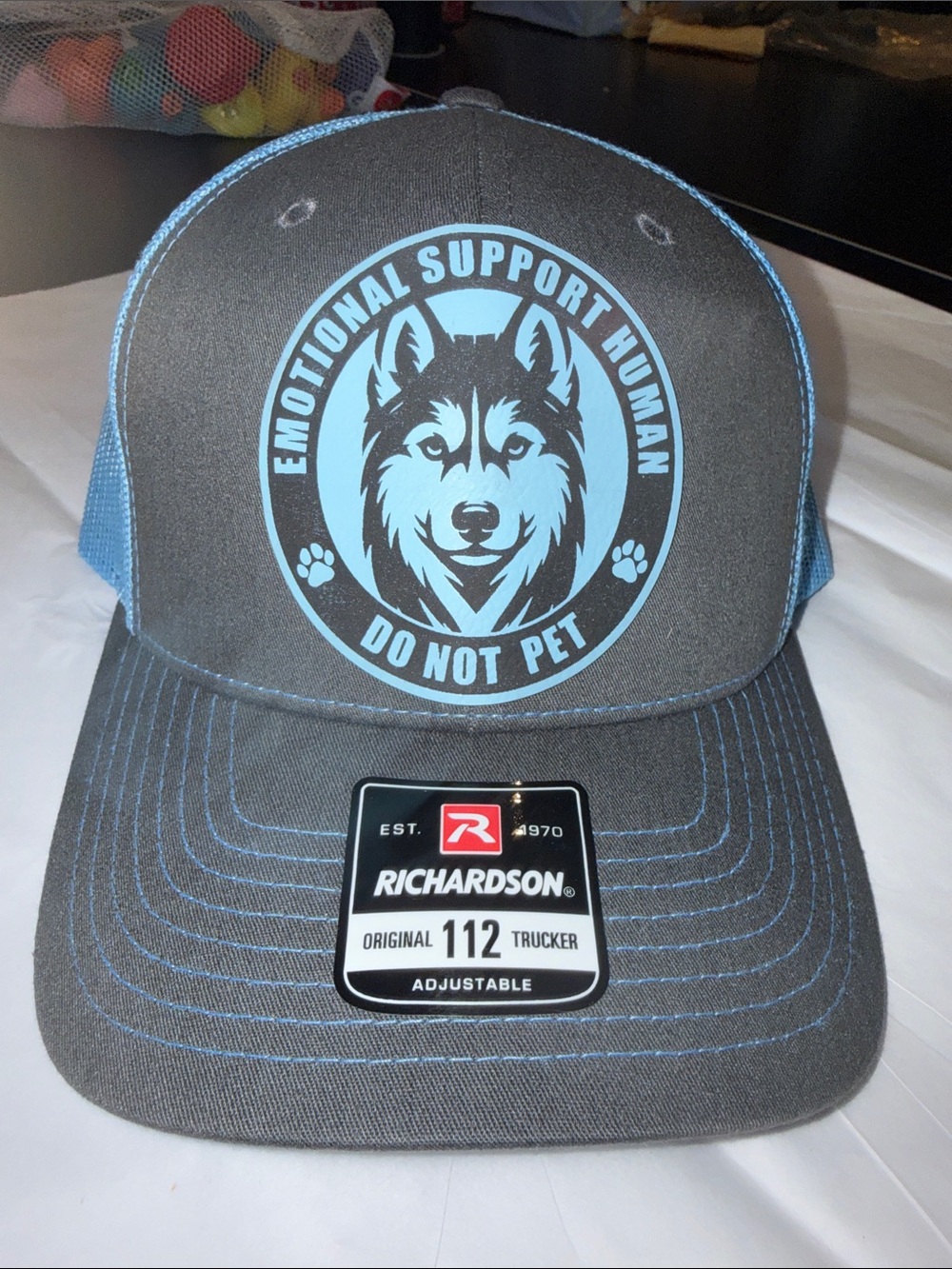 Richardson 112 Snap back Gray & Light Blue "Emotional Support Human - Do Not Pet
